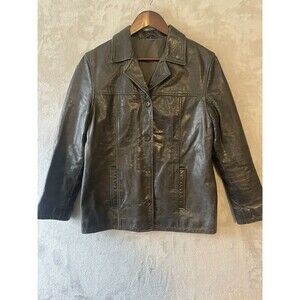 Vintage Leather Jacket‎ Women's L Gray Buffalo Lined Button Front
